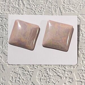 Vintage 80s Retro Iridescent Pink Square Ceramic Stud Pierced Earrings